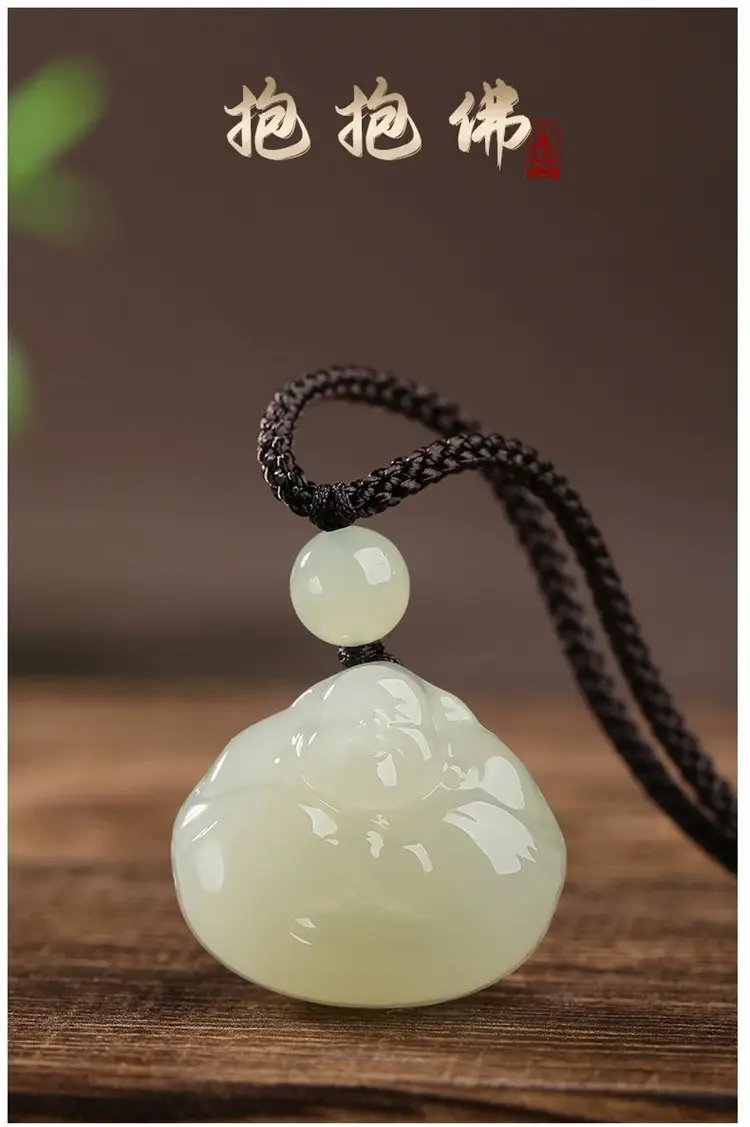 Afghan Jade Hug Buddha Pendant Blue White Big Belly — feature 1