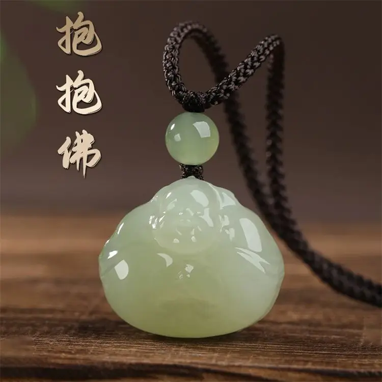 Afghan Jade Hug Buddha Pendant Blue White Big Belly — feature 4