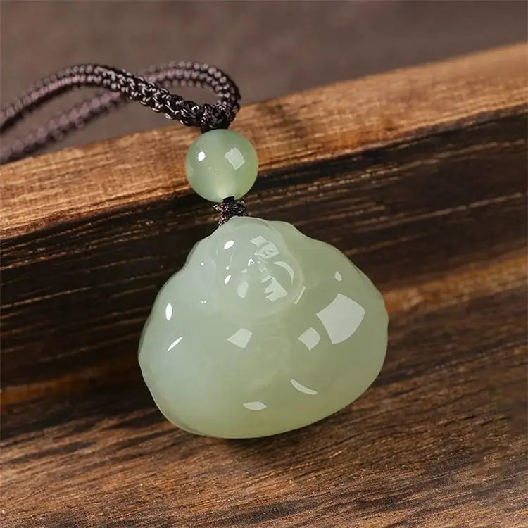 Afghan Jade Hug Buddha Pendant Blue White Big Belly — feature 5