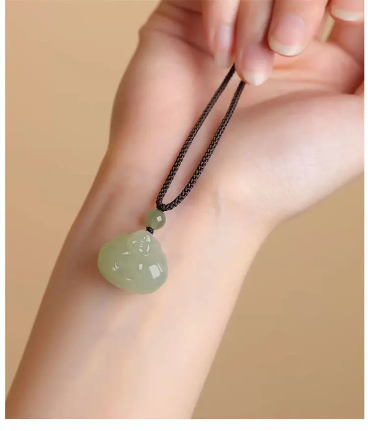 Afghan Jade Hug Buddha Pendant Blue White Big Belly — feature 9