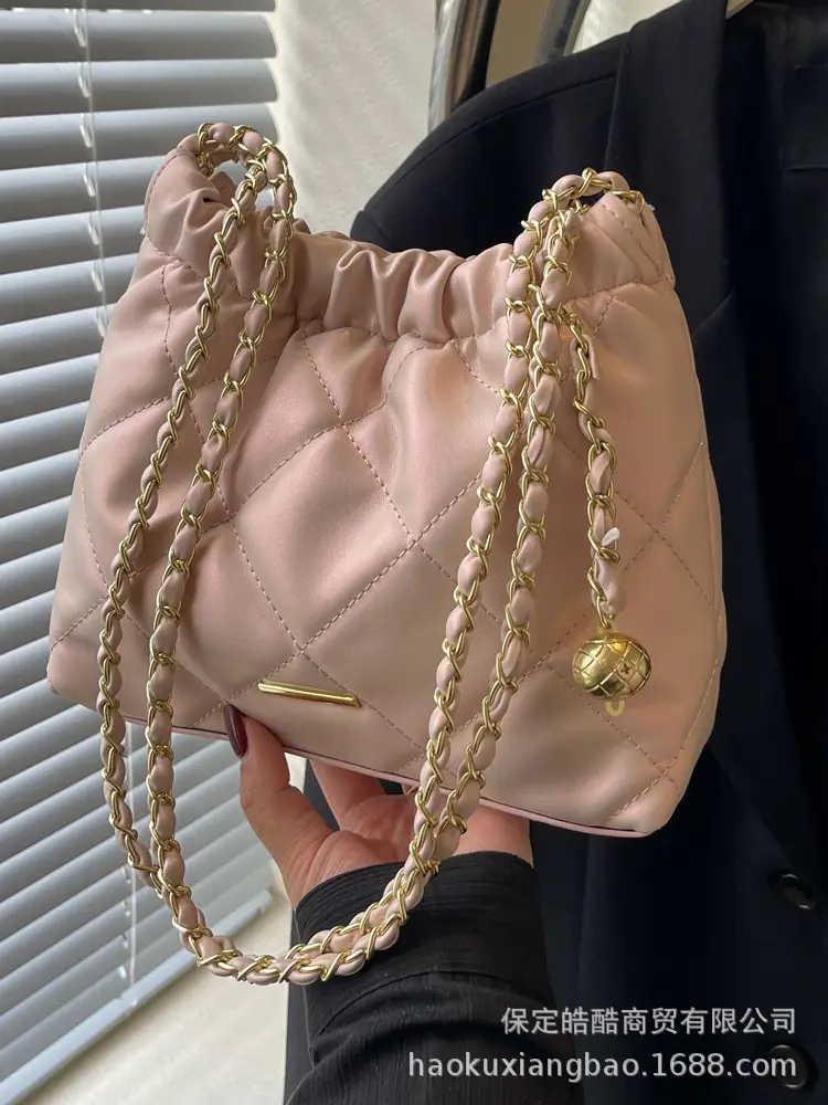 Women Rhomboid Chain Bucket Bag Cream Gold - Image 4