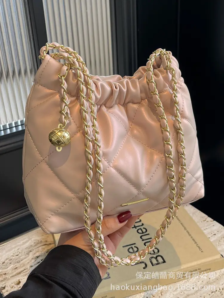 Women Rhomboid Chain Bucket Bag Cream Gold - Image 6
