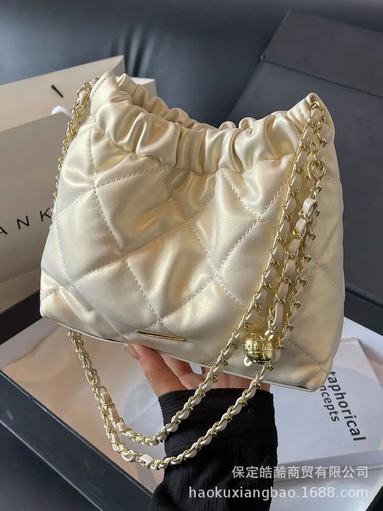 Women Rhomboid Chain Bucket Bag Cream Gold - Image 7