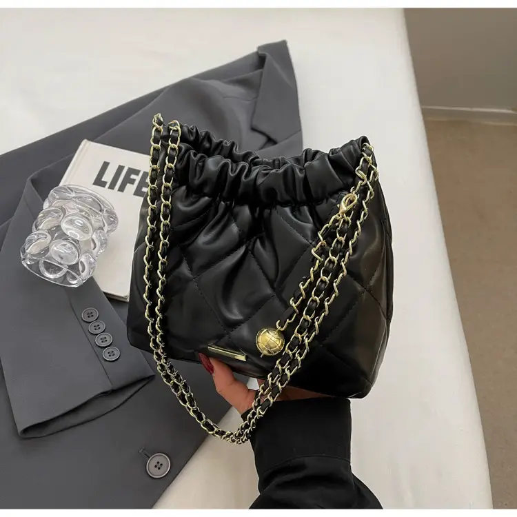 Women Rhomboid Chain Bucket Bag Cream Gold — feature 15