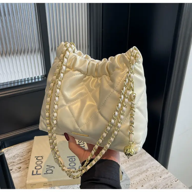 Women Rhomboid Chain Bucket Bag Cream Gold — feature 17