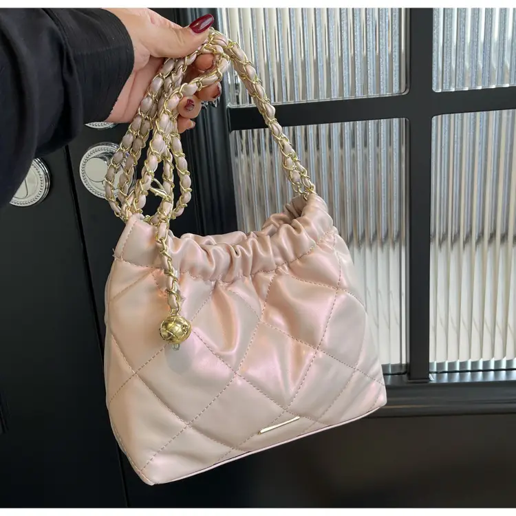 Women Rhomboid Chain Bucket Bag Cream Gold — feature 21