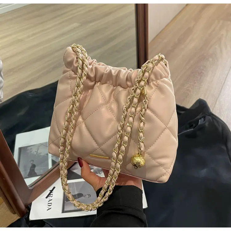 Women Rhomboid Chain Bucket Bag Cream Gold — feature 22