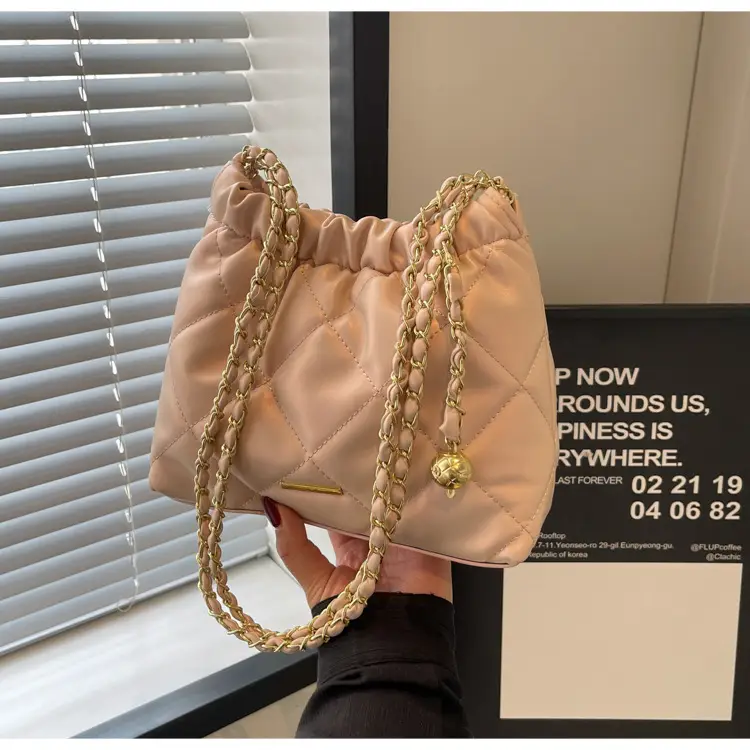 Women Rhomboid Chain Bucket Bag Cream Gold — feature 23