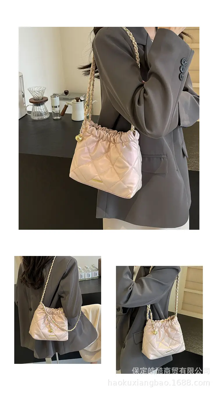 Women Rhomboid Chain Bucket Bag Cream Gold — feature 8