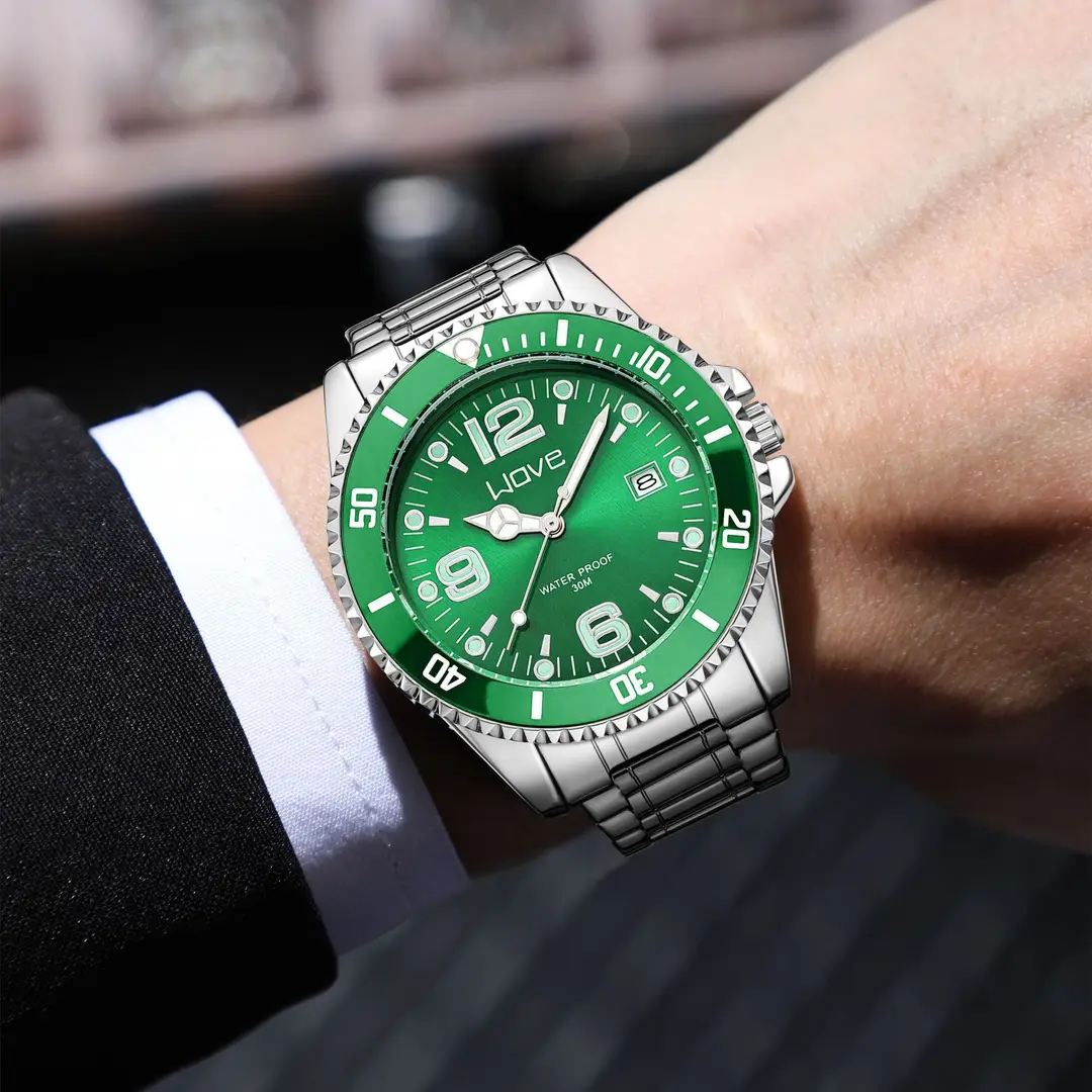 WOVE brand domineering fashion high-end light luxury business automatic quartz steel band digital green water ghost men's wrist watch — feature 10