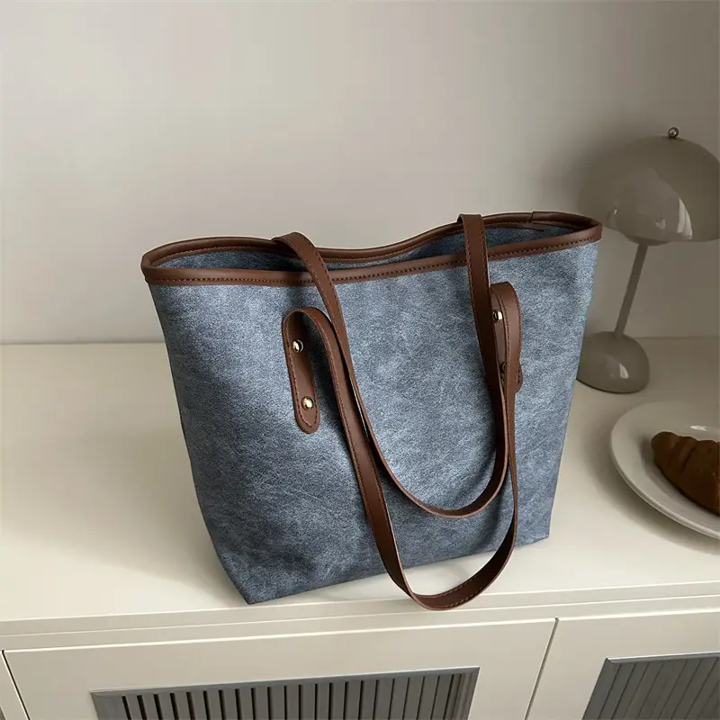 Vintage Textured Blue Tote Bag for Women - Image 5