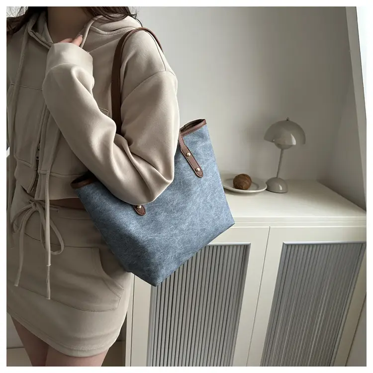 Vintage Textured Blue Tote Bag for Women — feature 23