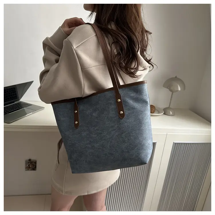 Vintage Textured Blue Tote Bag for Women — feature 24