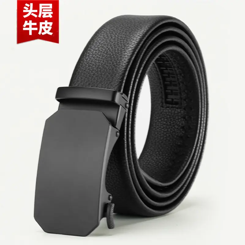 Men's Black Leather Belt with Automatic Buckle