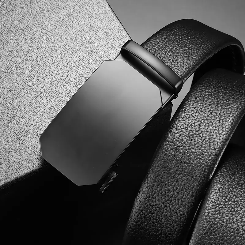 Men's Black Leather Belt with Automatic Buckle