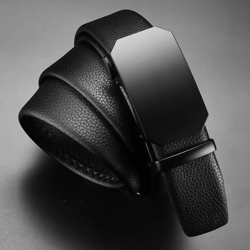 Men's Black Leather Belt with Automatic Buckle