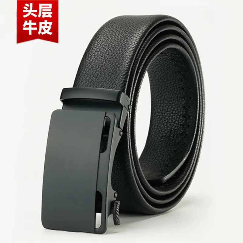 Men's Black Leather Belt with Automatic Buckle