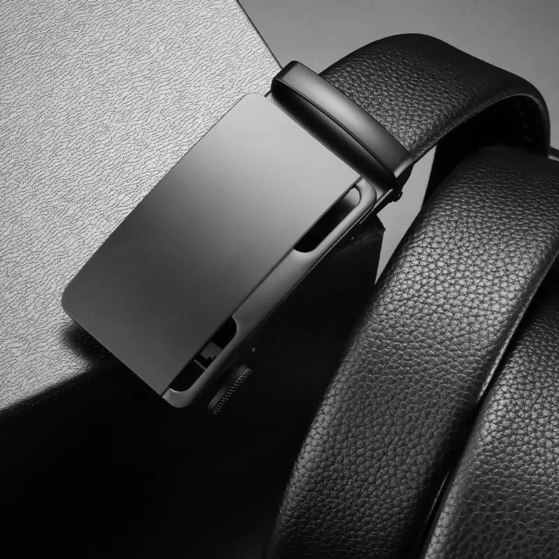 Men's Black Leather Belt with Automatic Buckle