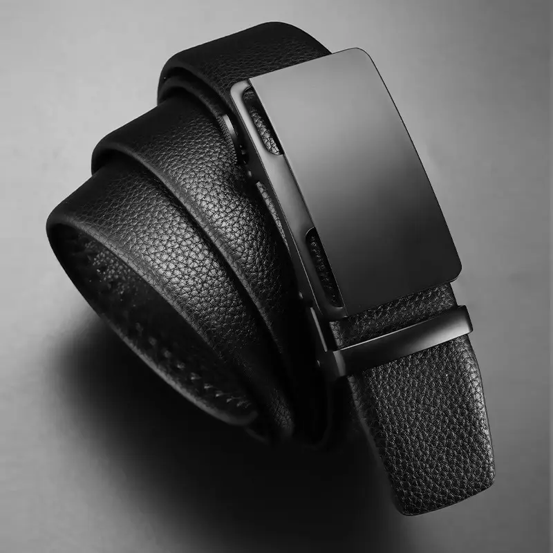 Men's Black Leather Belt with Automatic Buckle