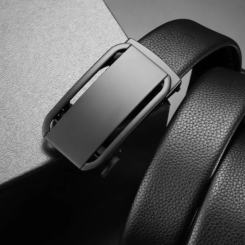 Men's Black Leather Belt with Automatic Buckle