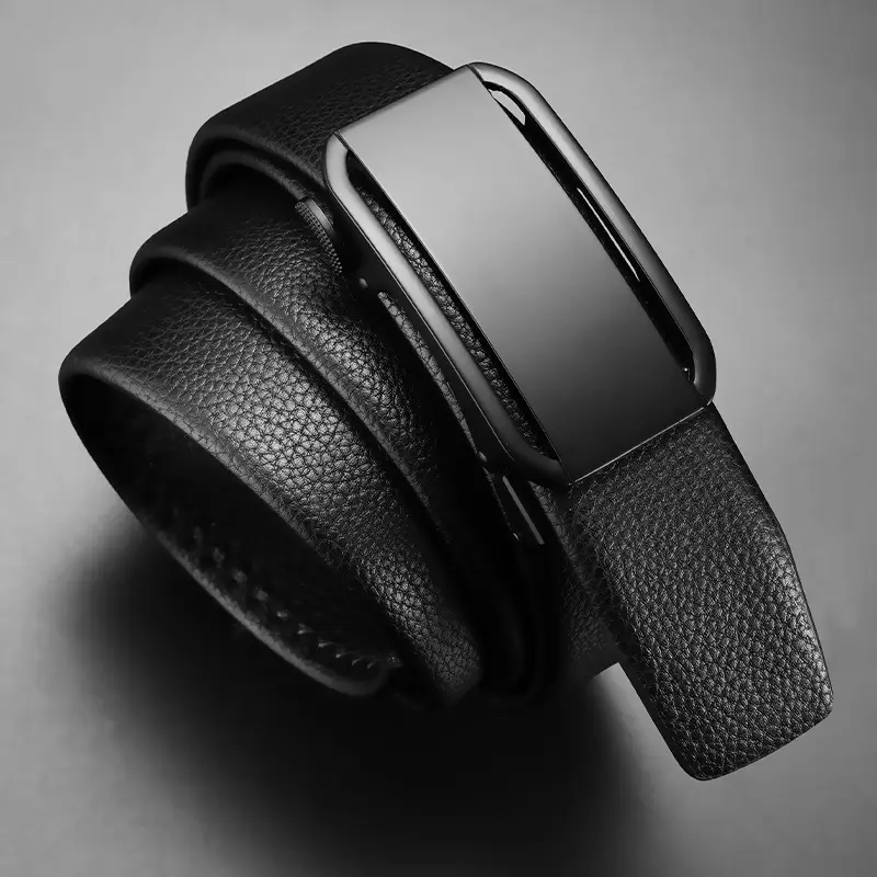 Men's Black Leather Belt with Automatic Buckle