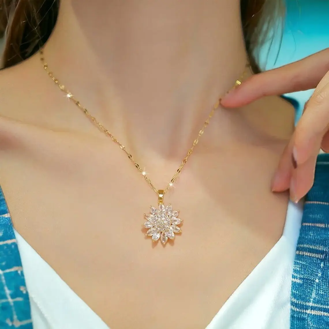 Titanium Steel Sunflower Diamond Necklace for Women