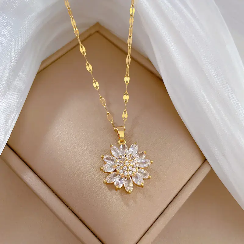 Titanium Steel Sunflower Diamond Necklace for Women