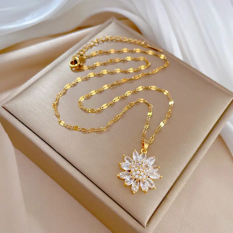 Titanium Steel Sunflower Diamond Necklace for Women