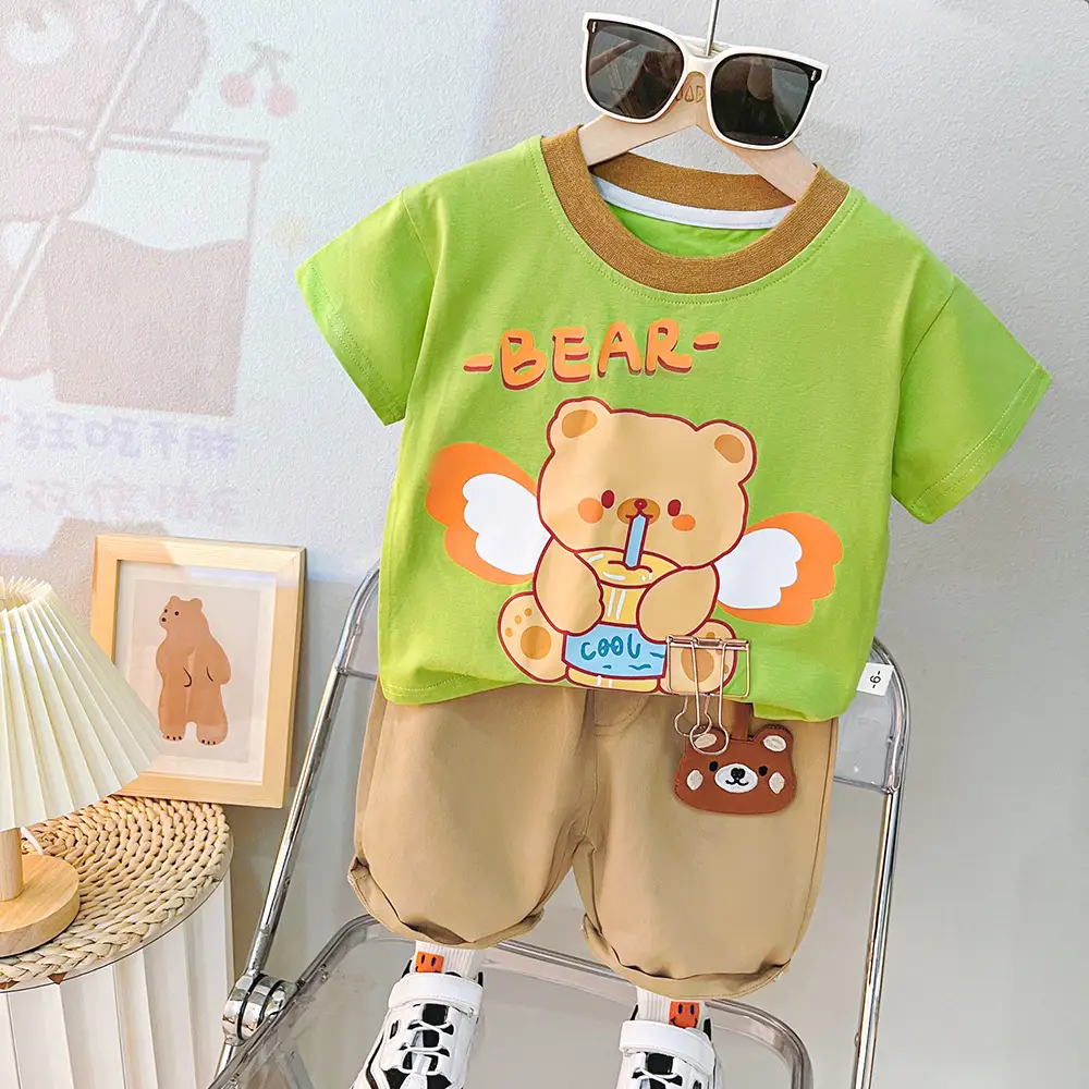 Children Bear Print T-Shirt Shorts Set Summer Boys Cotton