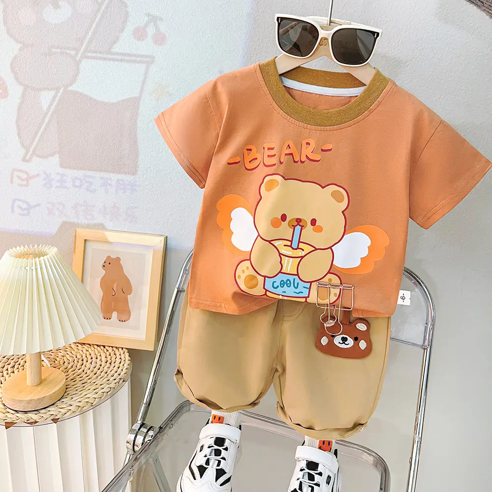Children Bear Print T-Shirt Shorts Set Summer Boys Cotton