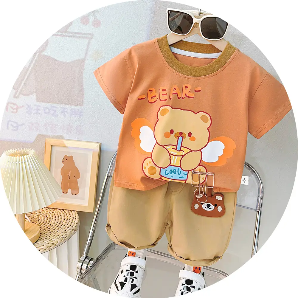 Children Bear Print T-Shirt Shorts Set Summer Boys Cotton
