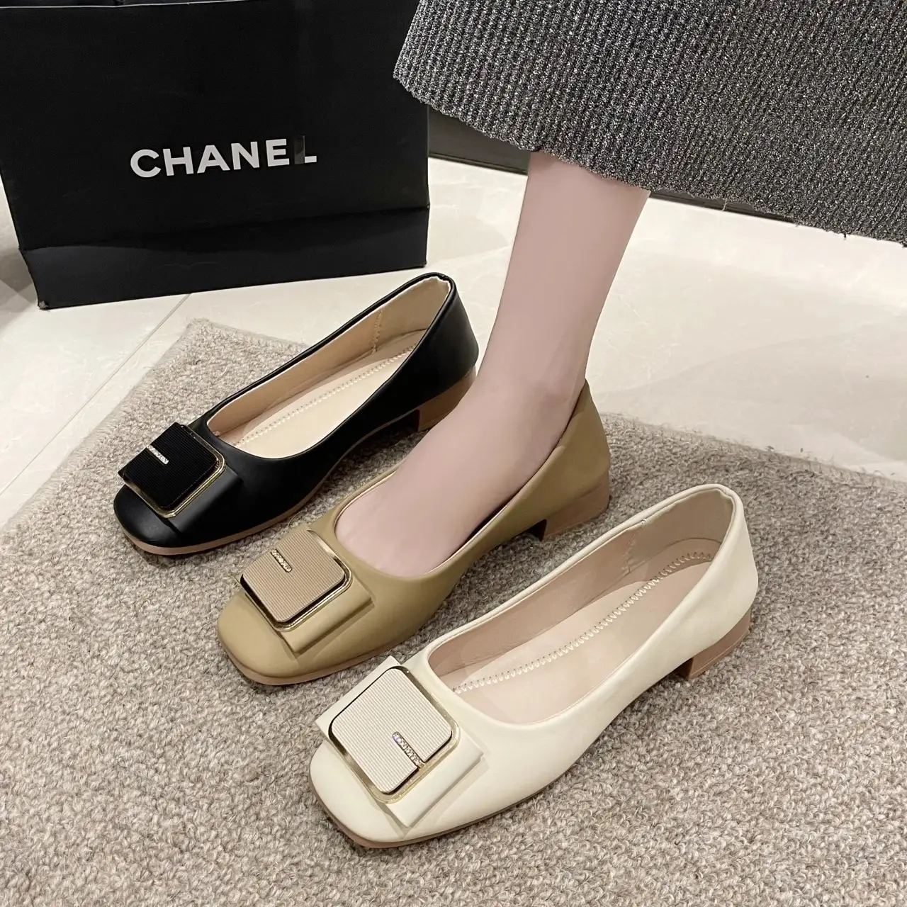 Women's Flat Heel Leather Shoes with Square Logo - Image 5