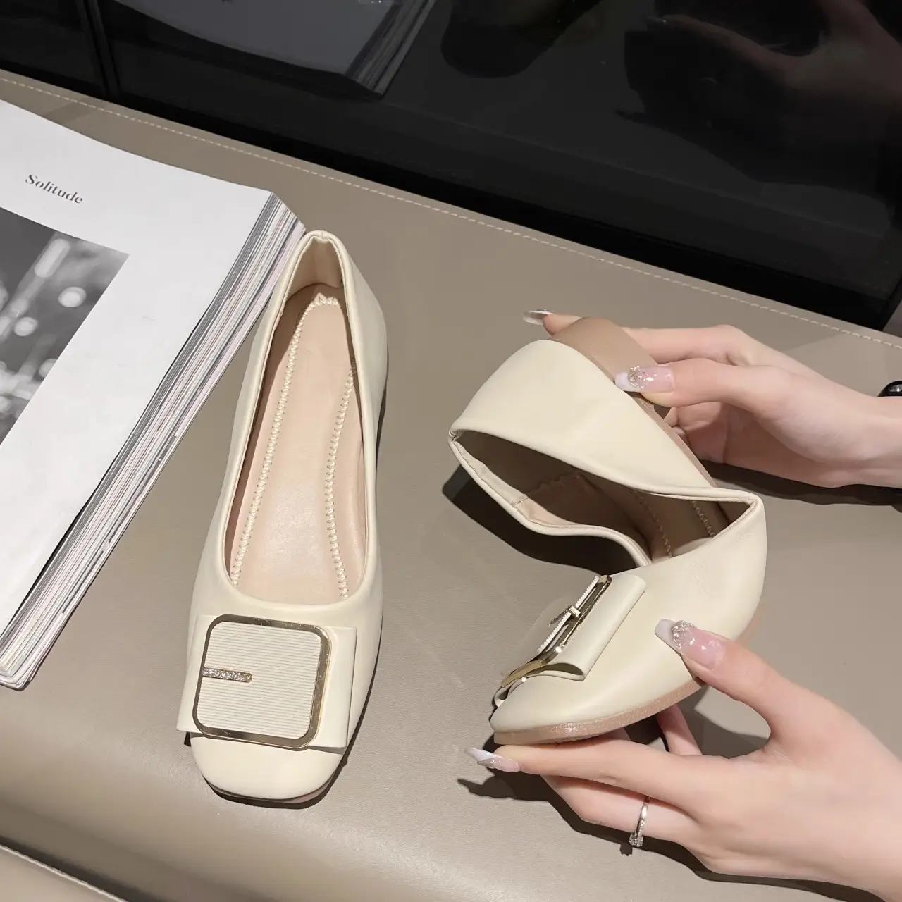 Women's Flat Heel Leather Shoes with Square Logo - Image 6