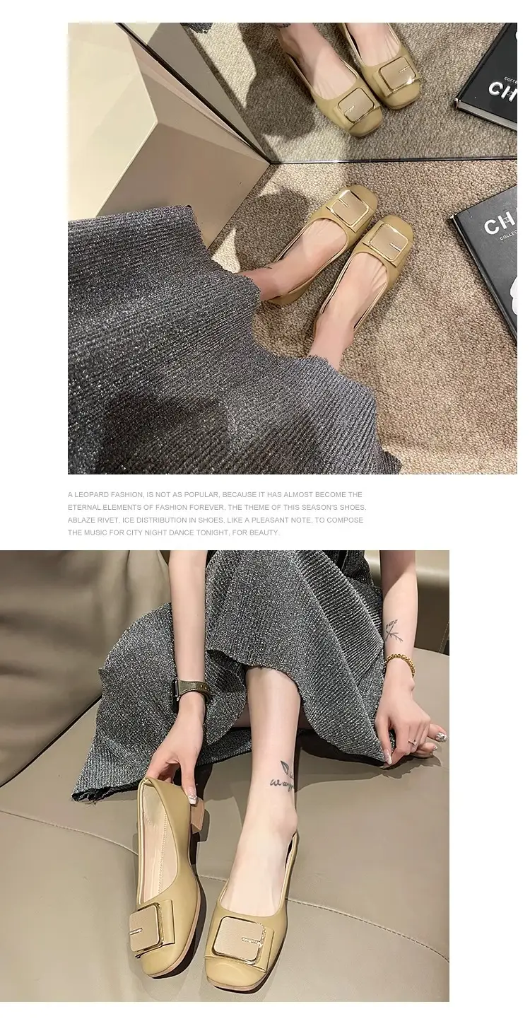 Women's Flat Heel Leather Shoes with Square Logo — feature 10