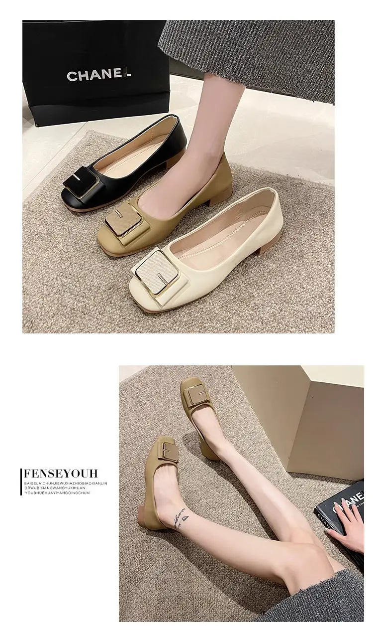 Women's Flat Heel Leather Shoes with Square Logo — feature 11
