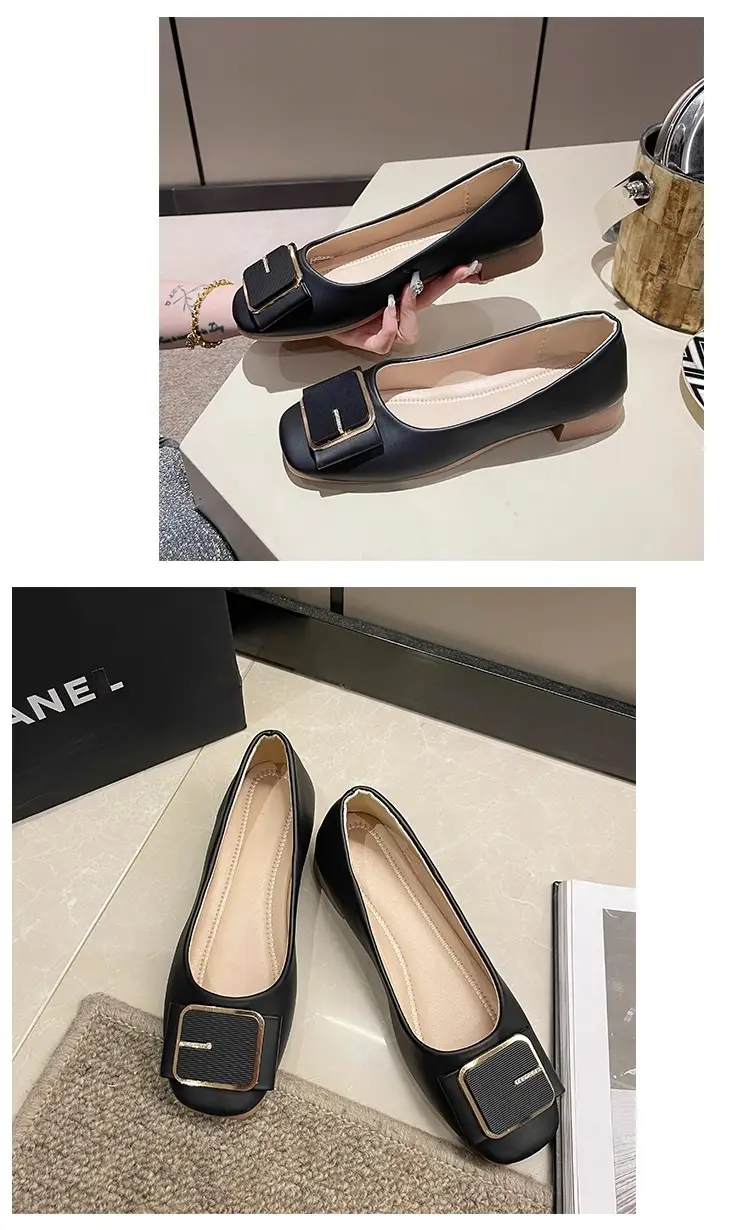 Women's Flat Heel Leather Shoes with Square Logo — feature 12
