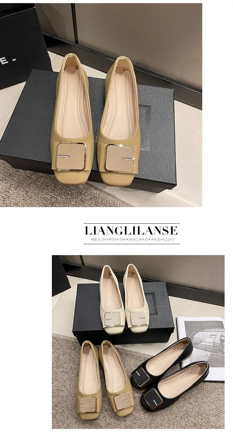 Women's Flat Heel Leather Shoes with Square Logo — feature 15