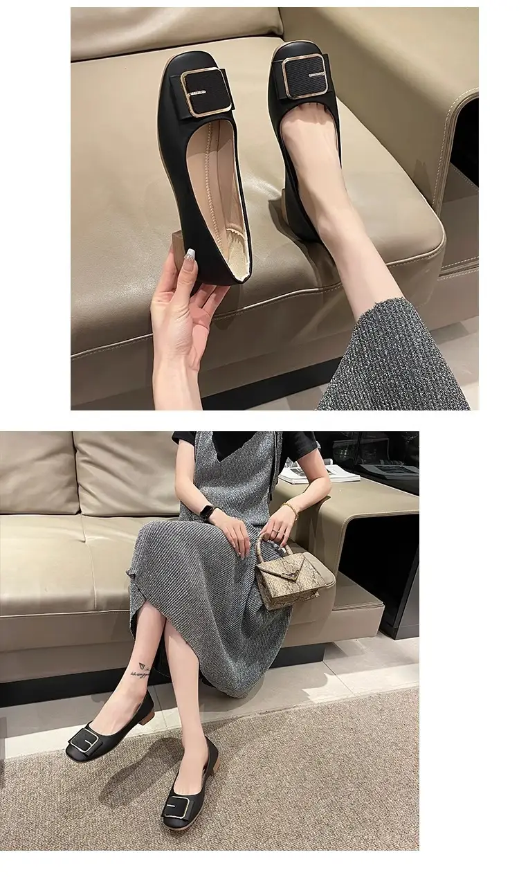 Women's Flat Heel Leather Shoes with Square Logo — feature 5