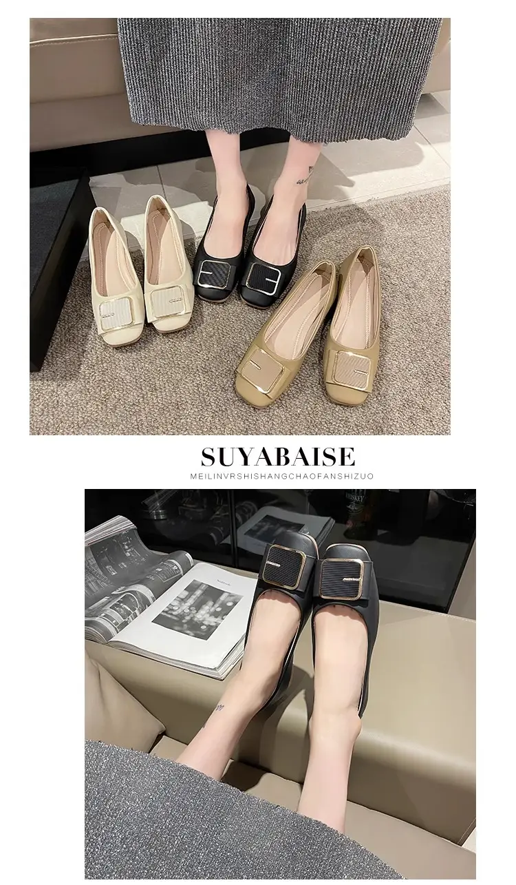 Women's Flat Heel Leather Shoes with Square Logo — feature 6