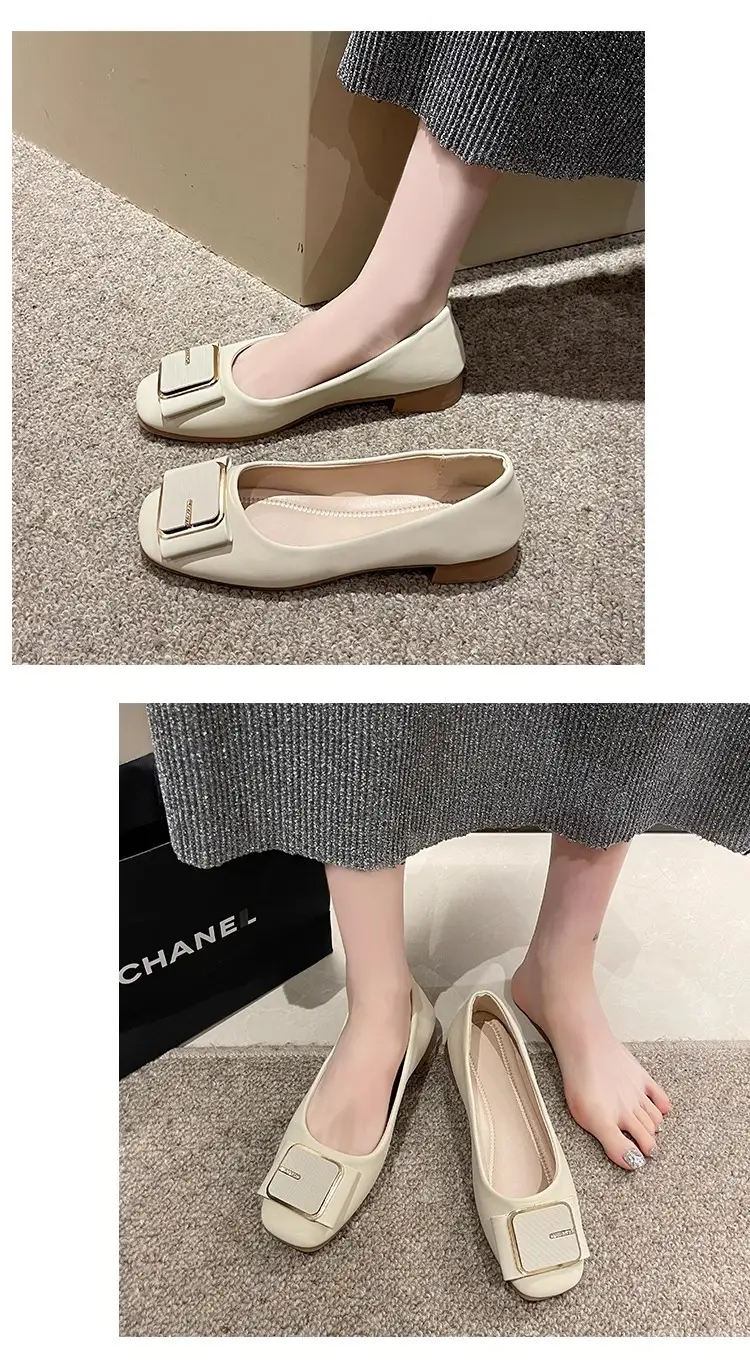Women's Flat Heel Leather Shoes with Square Logo — feature 7