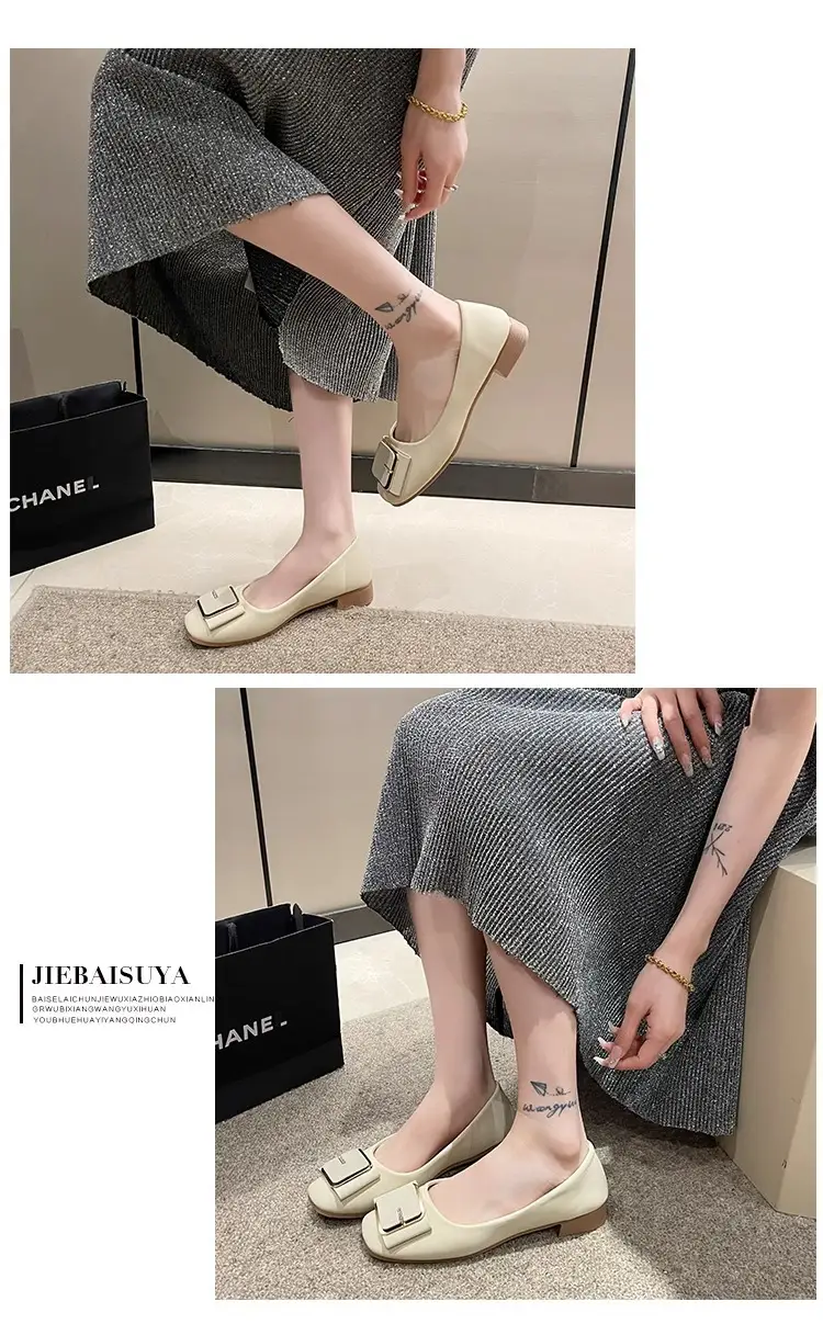 Women's Flat Heel Leather Shoes with Square Logo — feature 8