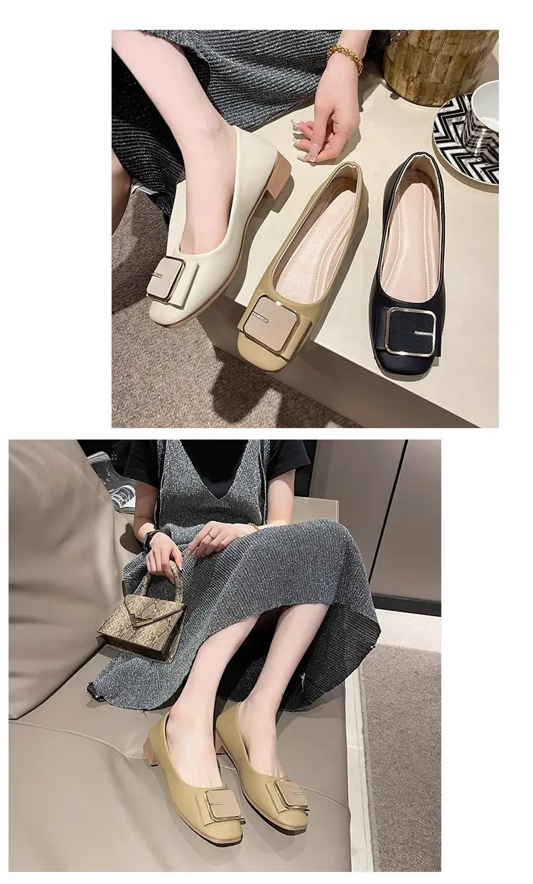 Women's Flat Heel Leather Shoes with Square Logo — feature 9