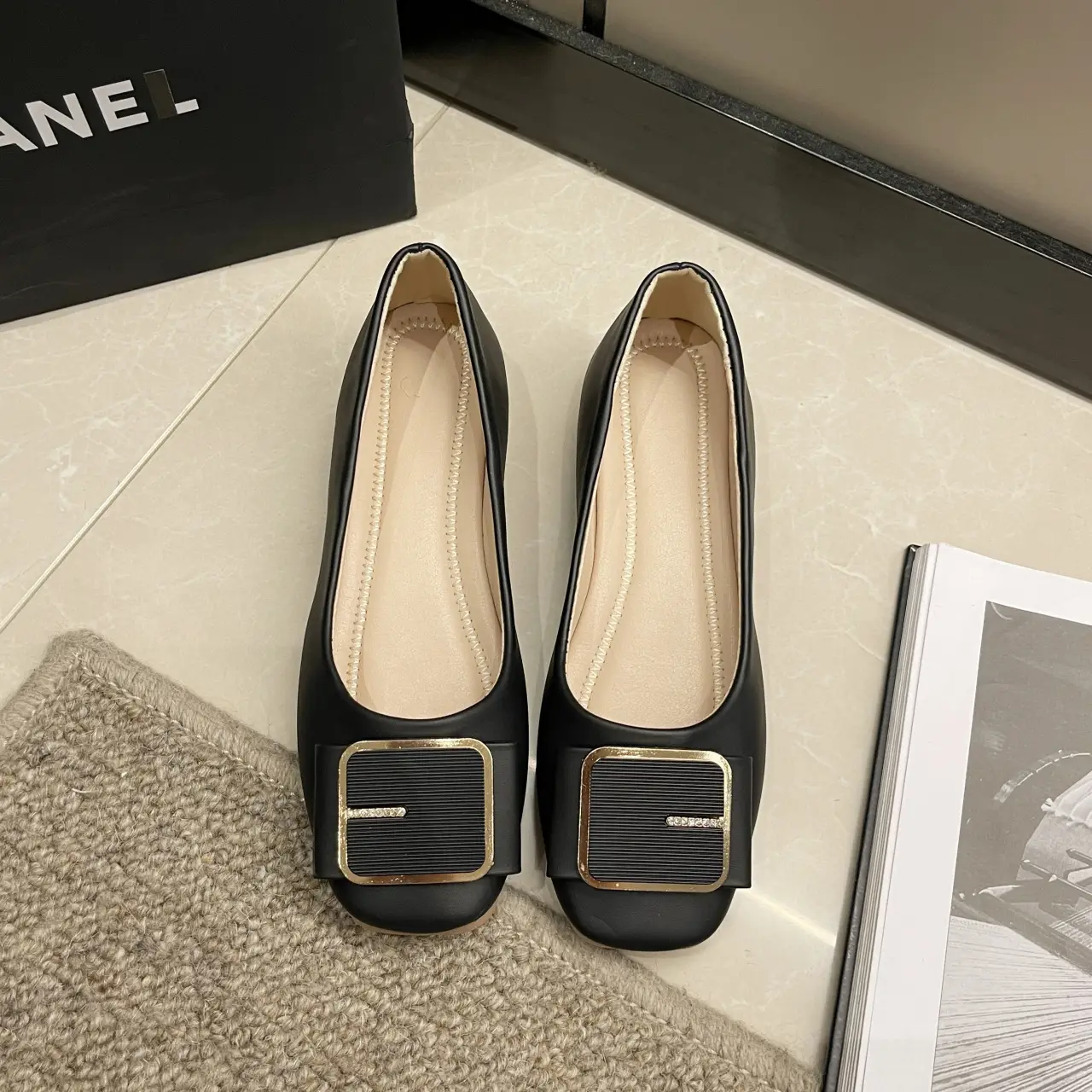 Women's Flat Heel Leather Shoes with Square Logo - Image 2