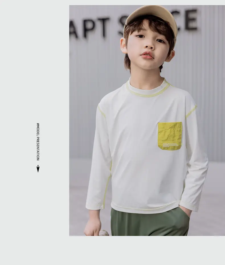 Boys Long Sleeve Sunscreen T-Shirt White Yellow Pocket — feature 18