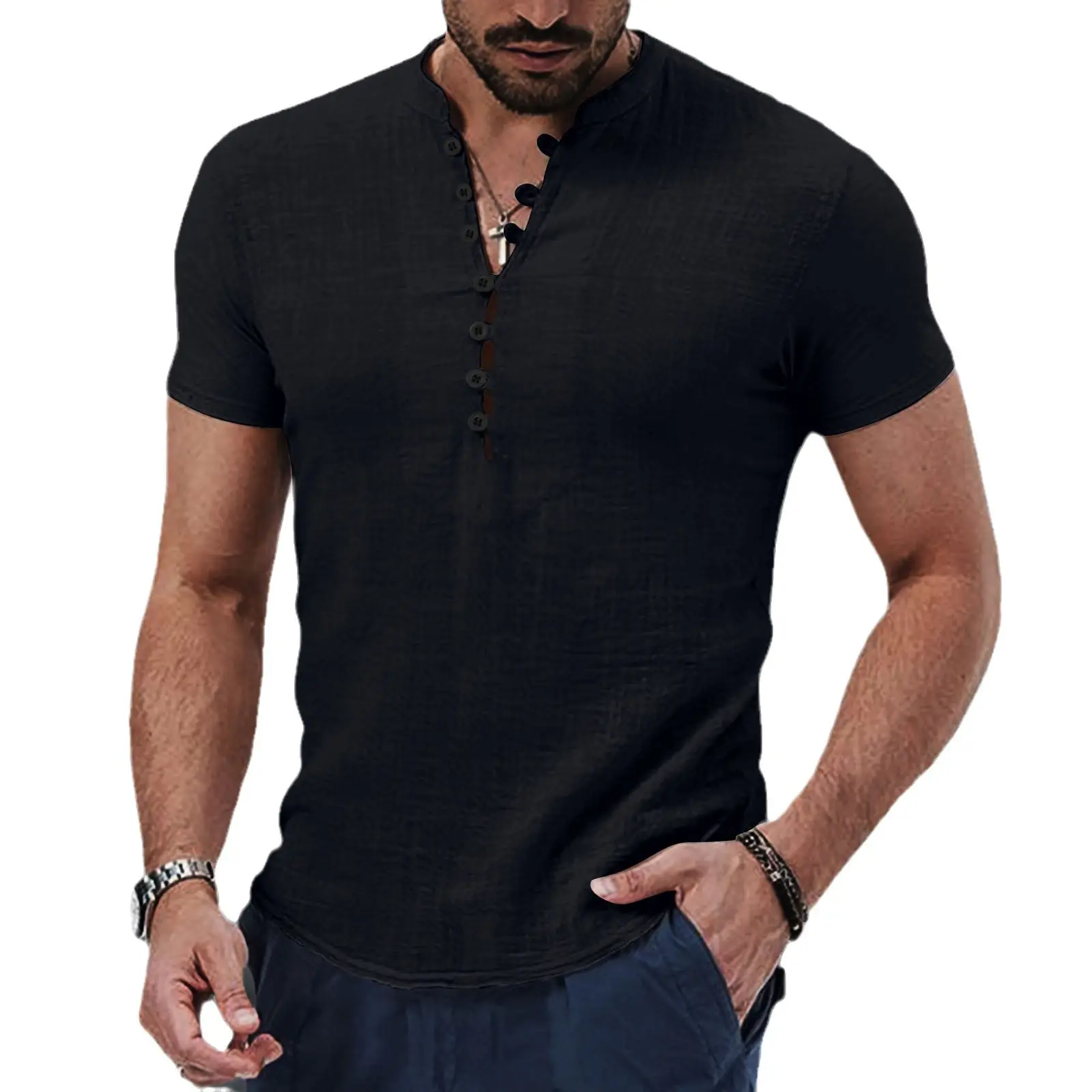 Men Vintage Cotton Linen Henry Collar Shirt Blue Short Sleeve - Image 10