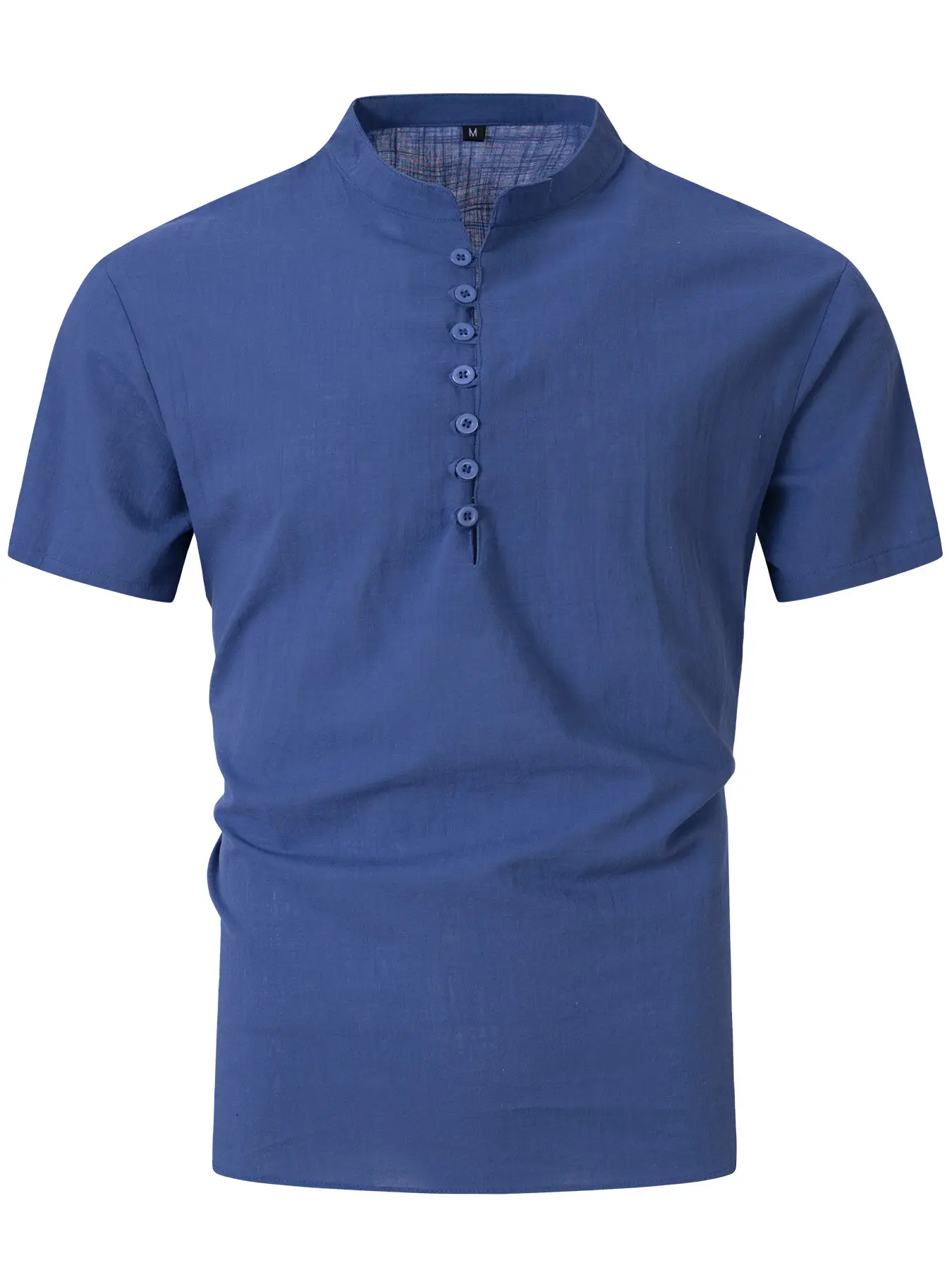 Men Vintage Cotton Linen Henry Collar Shirt Blue Short Sleeve — feature 10