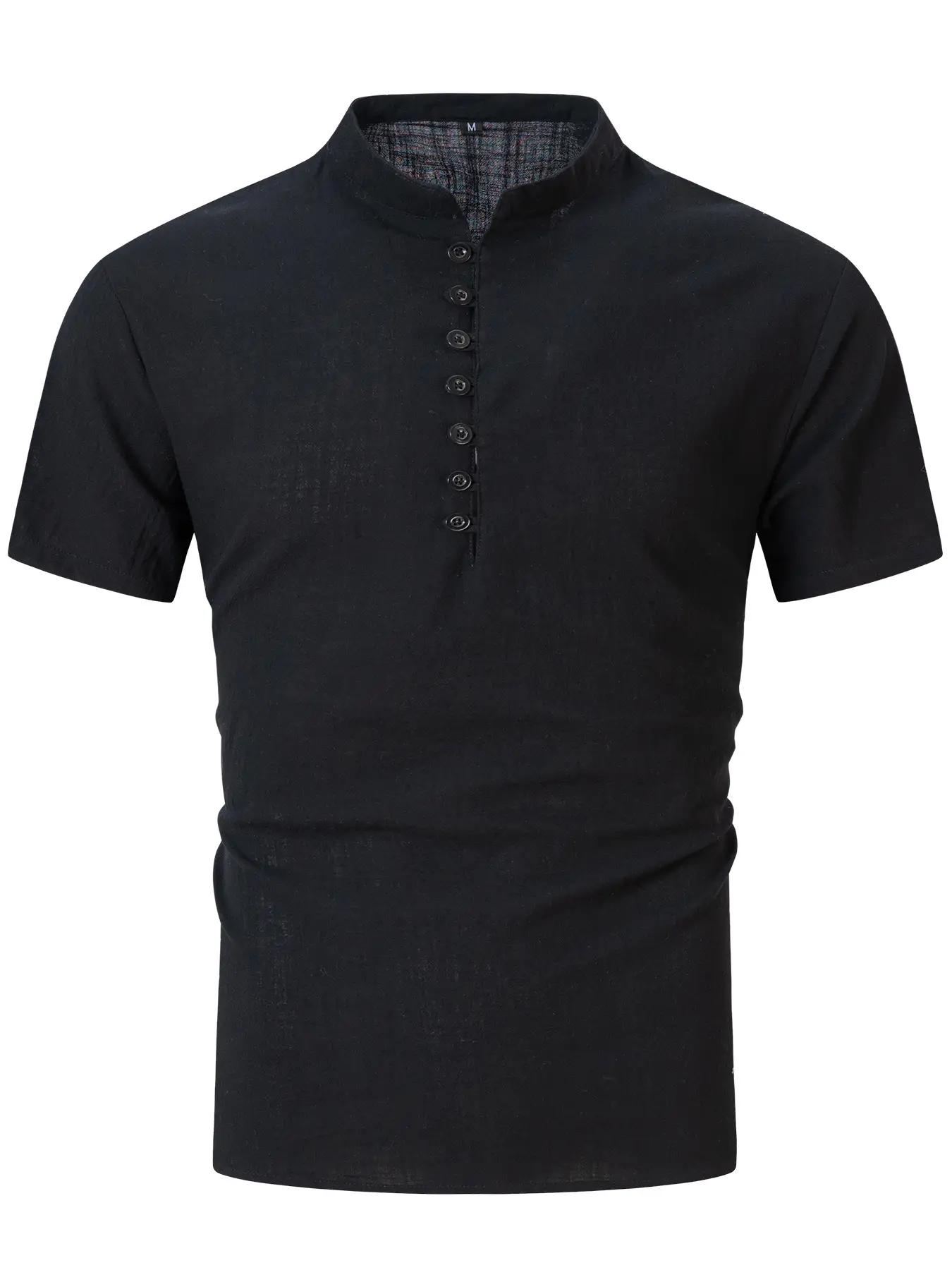 Men Vintage Cotton Linen Henry Collar Shirt Blue Short Sleeve — feature 11