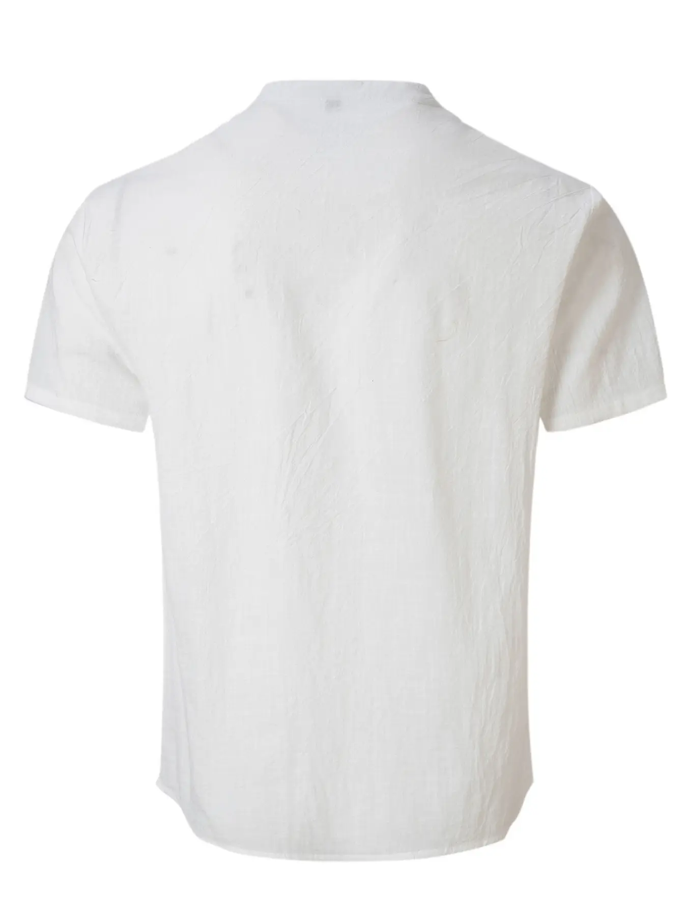 Men Vintage Cotton Linen Henry Collar Shirt Blue Short Sleeve — feature 12