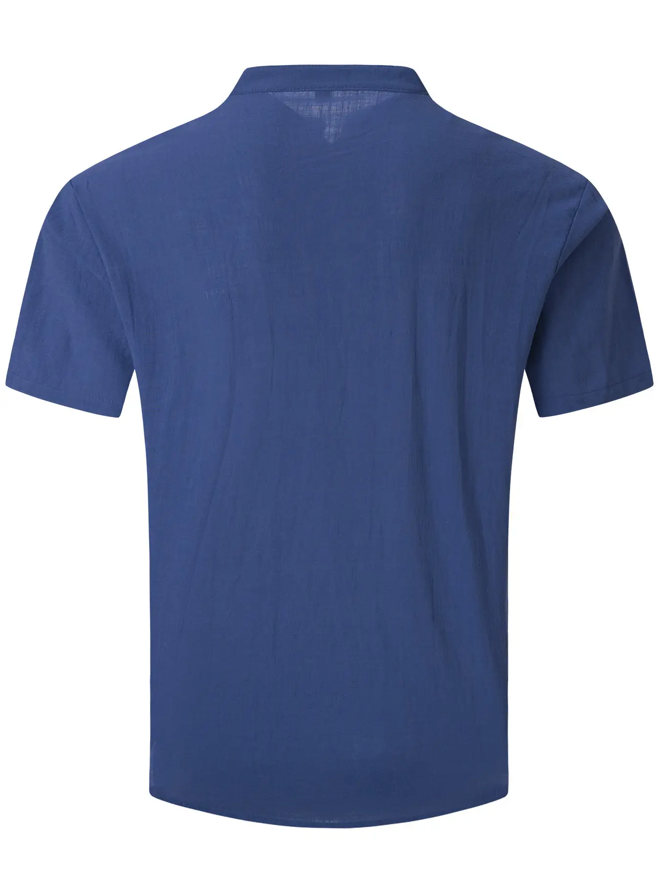 Men Vintage Cotton Linen Henry Collar Shirt Blue Short Sleeve — feature 13