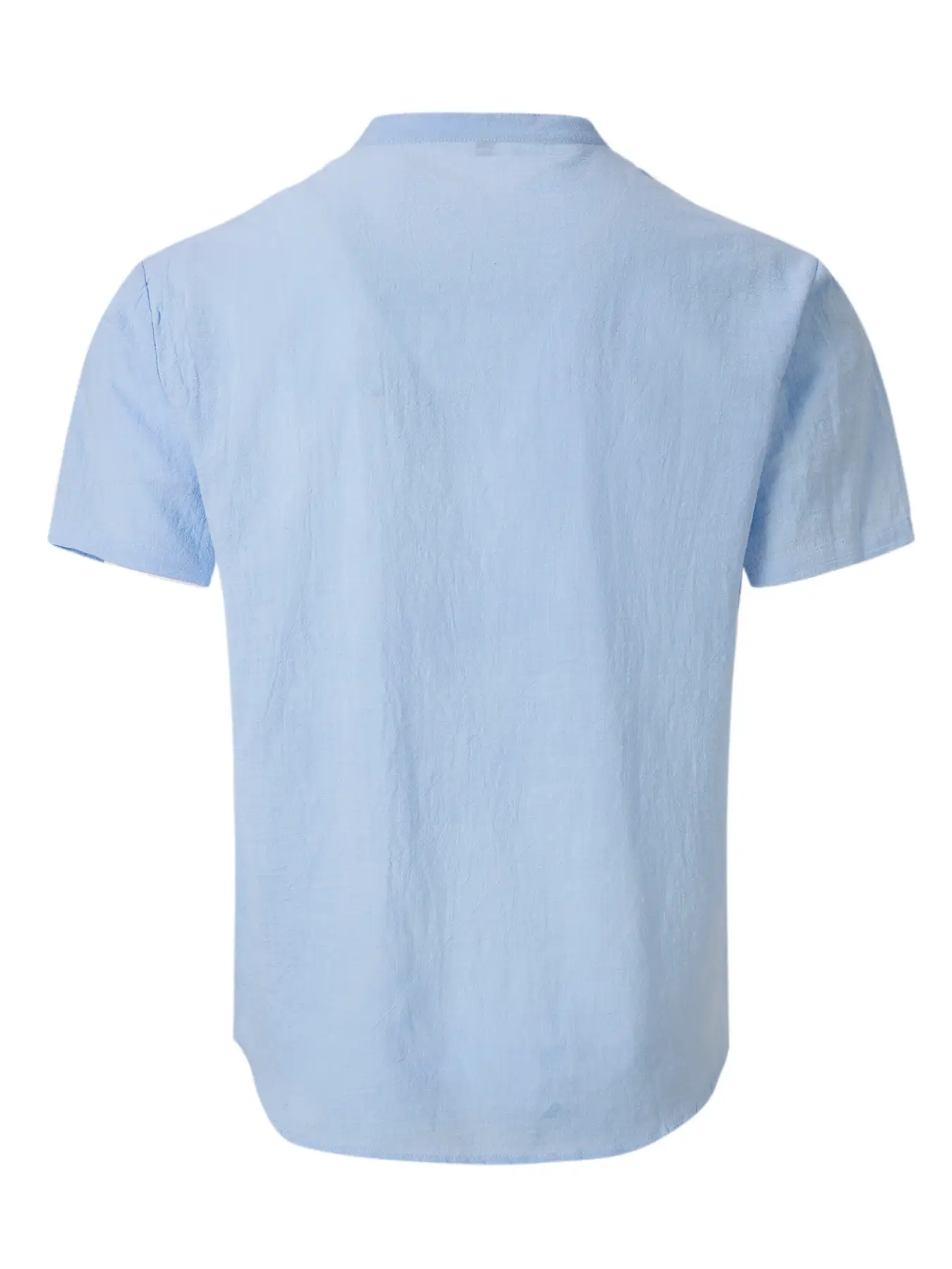 Men Vintage Cotton Linen Henry Collar Shirt Blue Short Sleeve — feature 15